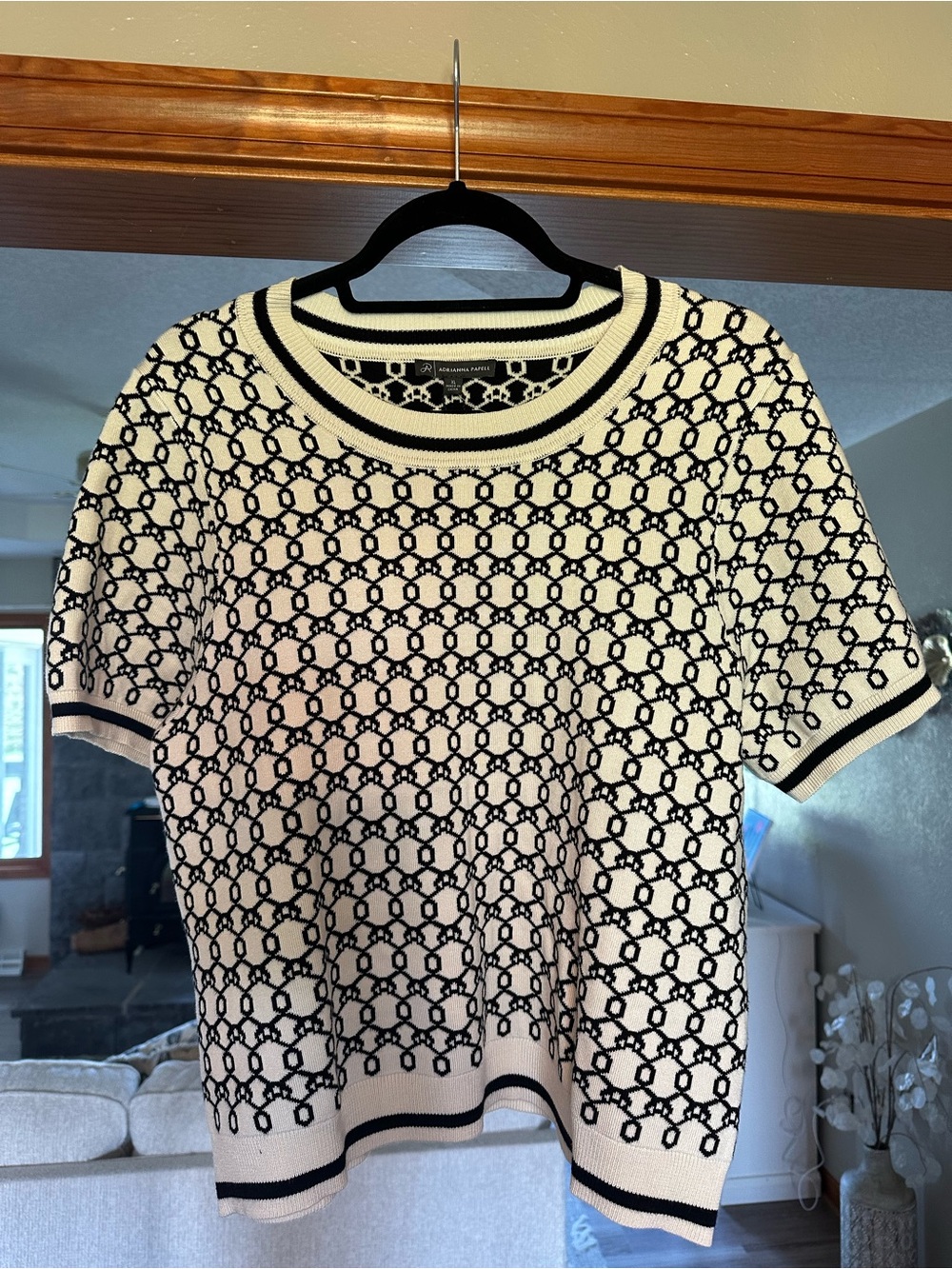 Adrianna Papell Cream and Black Geometric Knit Top